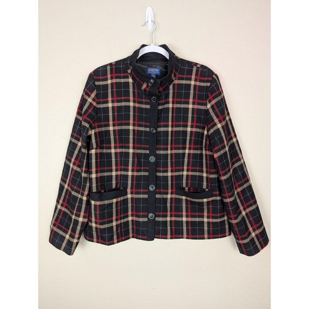 PENDLETON Women's 18 Black Red Tan Plaid 100% Virgin Wool Lined Button Jacket - Picture 2 of 12